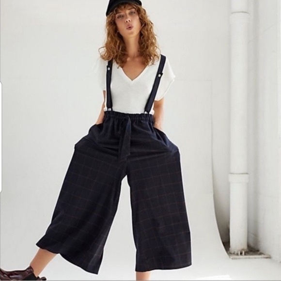 Free People Pants - FREE PEOPLE Wide Leg "Hop To It" MAXI JUMPER in Dark Navy Plaid Size XS